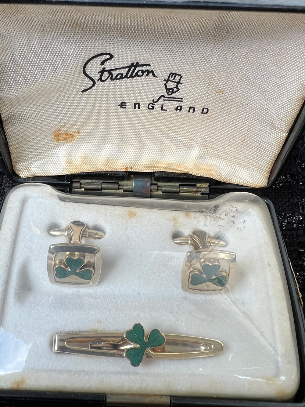 Vintage 1960’s Stratton  Shamrock Cufflinks and Tie Bar - Green